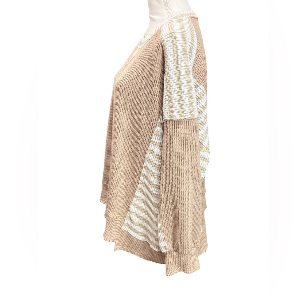 BiBi Waffle Knit Oversized Sweater Large Tan Cream Striped Boho Cozy Pullover - Picture 6 of 8